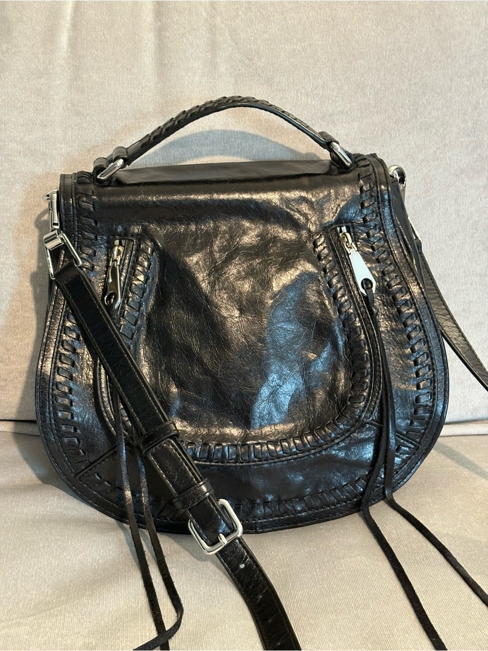 Black Leather Rebecca Minkoff Crossbody Satchel - Handcrafted Stitch Detail